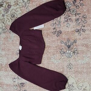 Kirious Los Angeles Maroon Suede Look Smocked Back Long Sleeve Crop Top - Sz XS